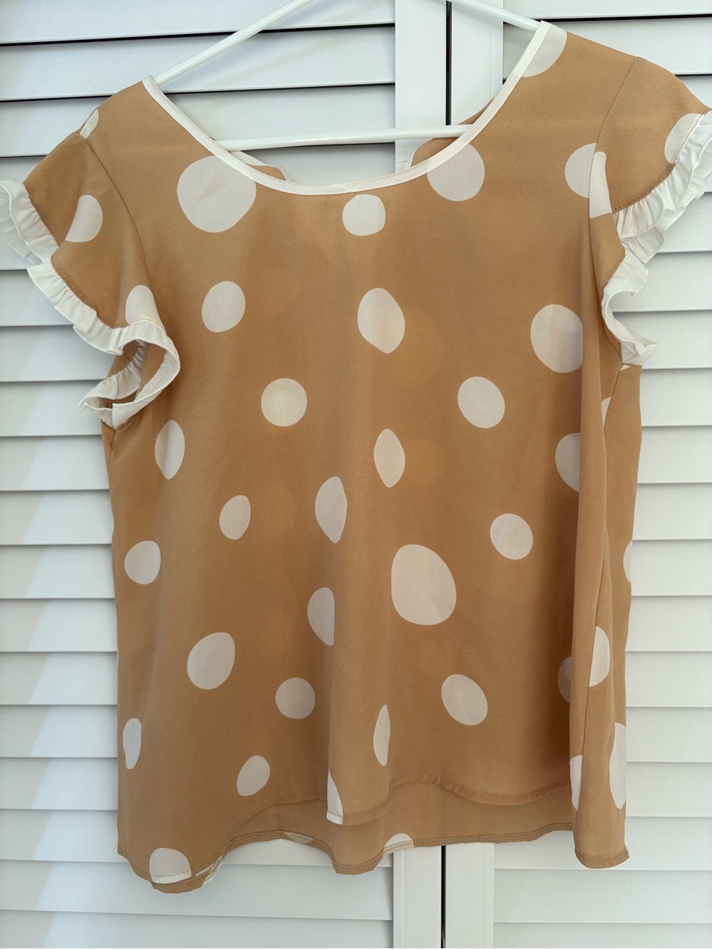 Elegant Polka Dot Ruffle Sleeve Blouse – Tan / Khaki & White Chiffon Top
